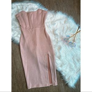 Suede Knee Length Pink Dress with Leg Split
